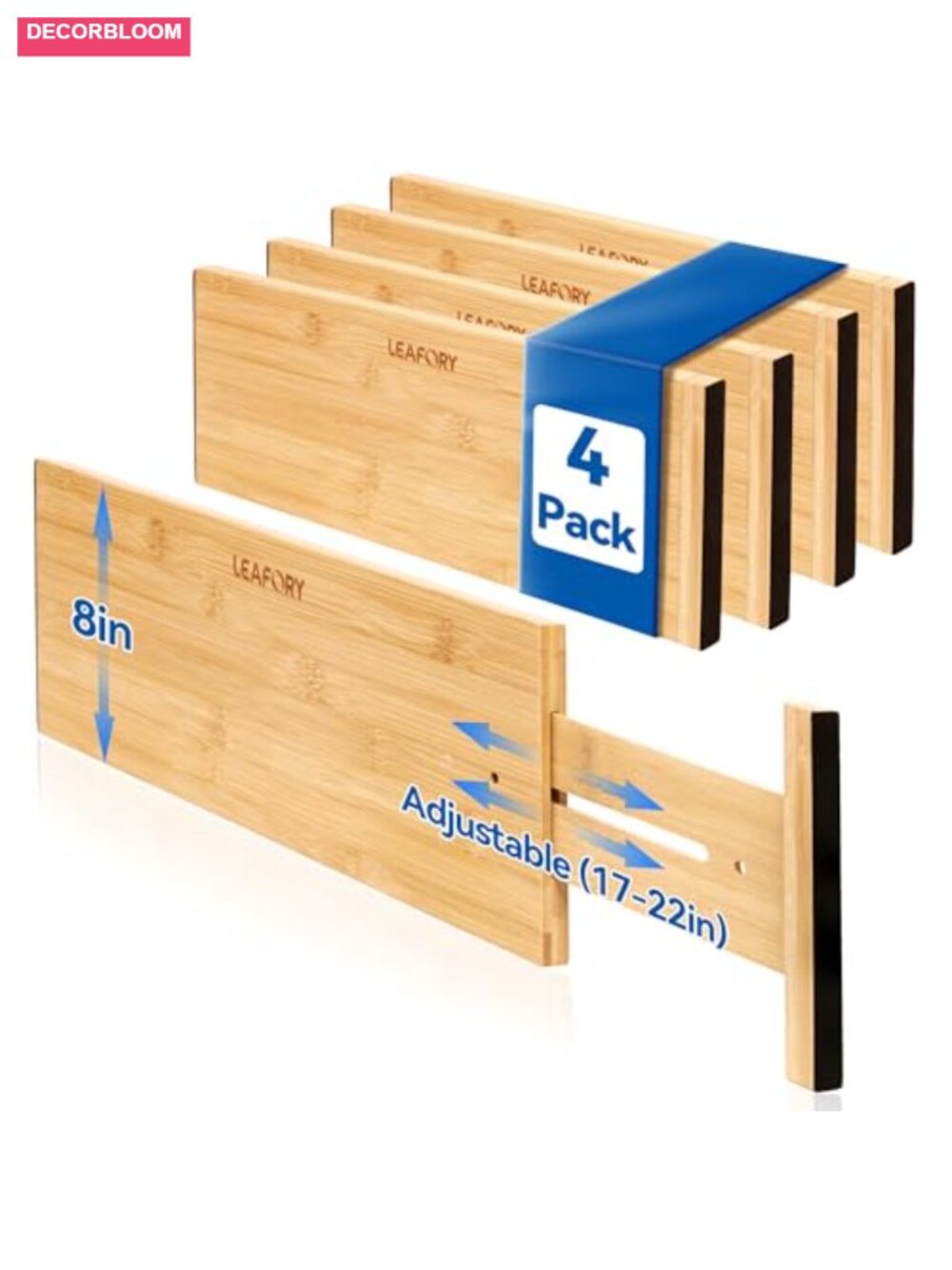 4 Pack 8" Deep Bamboo Drawer Dividers Expandable 17-22" Kitchen Organizers